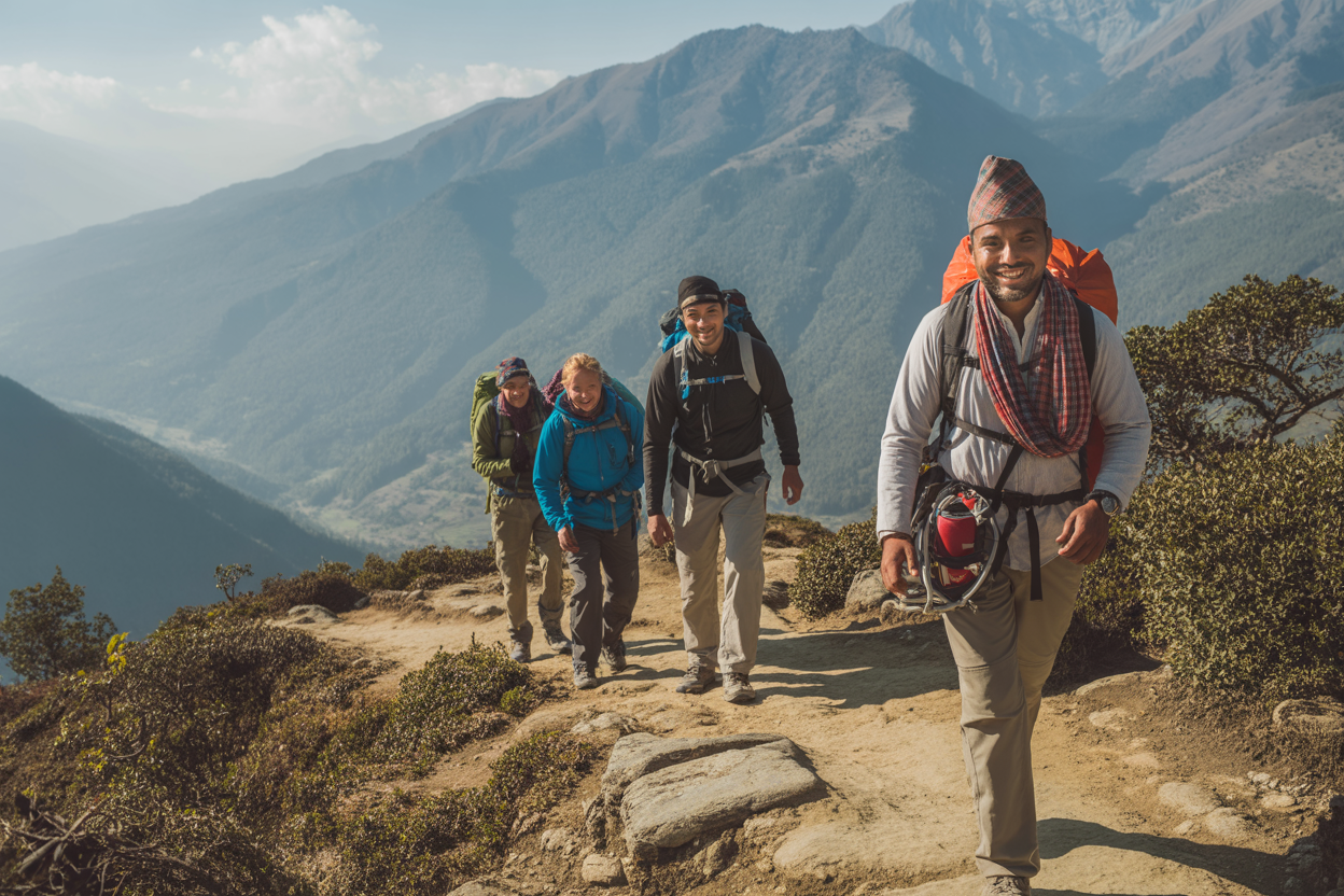 Gids met wandelaars op een Himalaya-trek
